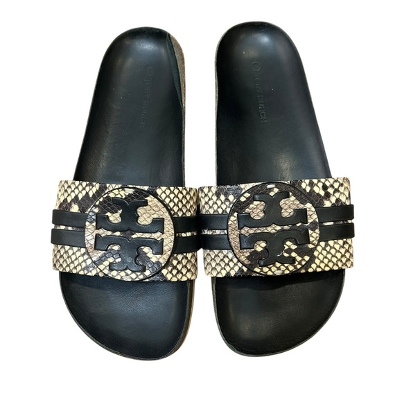 Tory Burch Leigh Anatomic slide snake print sandals sz 10 logo embossed leather - Picture 1 of 7